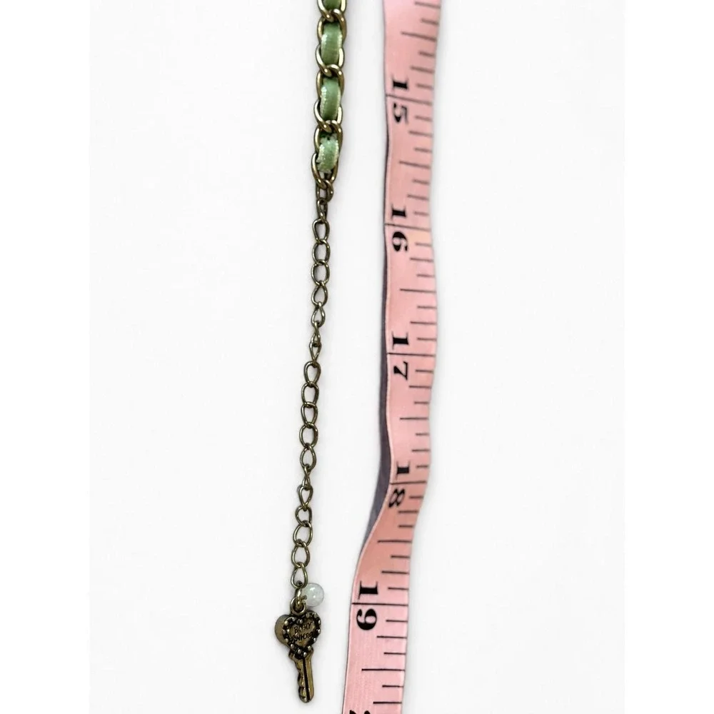 Betsey Johnson Green Rhinestone Bib Statement Necklace Fabric Chain Signed